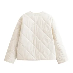 Detail back view of a minimalist cream diamond-quilted round neck jacket for women