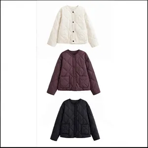 Quilted Jacket Liner Women Round Neck Button Down Casual Lightweight Coat With Pockets Solid Color Polyester Cotton