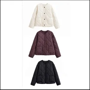 Women's stylish round neck quilted jacket with pockets, available in three colors