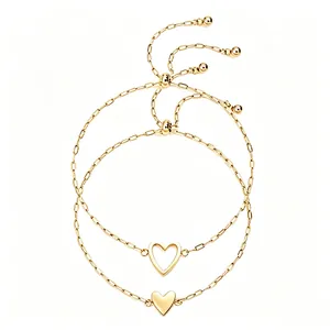 Pulsera Ajustable de Acero Inoxidable Chapada en Oro de 18K con Dije de Corazón Corazones Huecos y Sólidos Joyería Simple Regalo para Mujer