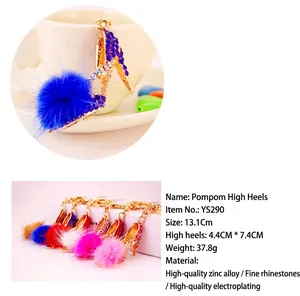 Vue détaillée de porte-clés chaussure à talons avec pompons en fourrure et strass