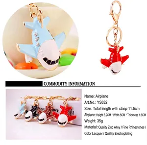 Airplane model metal keychain pendant with rhinestones and colorful finish