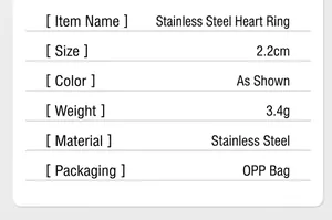 Detailed product specification table for heart ring showing size, weight and material
