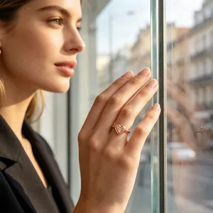 Rose gold heart-shaped stainless steel ring worn on hand in a lifestyle setting