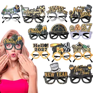 Happy New Year 2026 Party Glasses Glitter Paper Frames Black Gold Photo Props For Countdown Celebration Eve Party Decoration