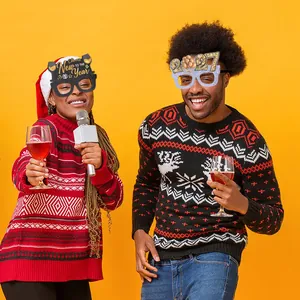 Festive 2027 New Year party glasses worn by models in a celebratory lifestyle setting.