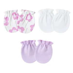 Set of 3 pairs of soft cotton baby anti-scratch mittens in floral, white and purple