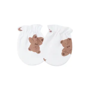 Soft cotton anti-scratch mittens for newborns featuring cute brown bear print design