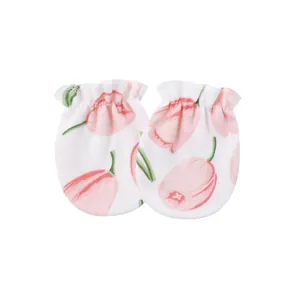 Detailed view of soft newborn anti-scratch mittens featuring pink floral tulip patterns