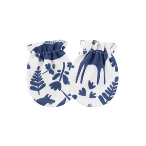 Pair of soft newborn baby anti-scratch mittens with blue floral and animal print