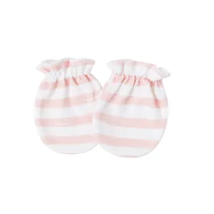 Detailed view of pink striped newborn baby anti-scratch mittens with elastic