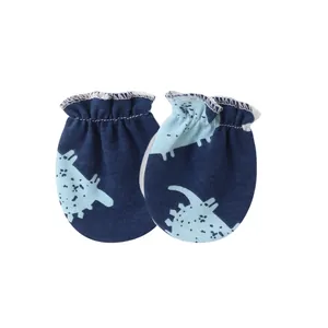 Soft cotton newborn baby anti-scratch mittens featuring a cute blue dinosaur print