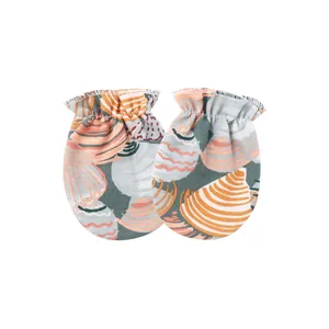 Detailed view of baby anti-scratch mittens with colorful seashell pattern