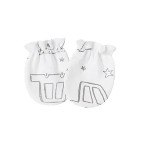 Close-up of white baby anti-scratch mittens with gray star print and elastic cuffs.
