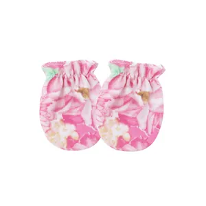 Detail of pink floral baby anti-scratch mittens with comfortable elastic wrist bands