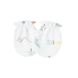 Detailed view of soft cotton newborn anti-scratch mittens with cute dinosaur pattern