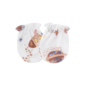 Close-up view of soft cotton baby anti-scratch mittens with cute space rocket prints