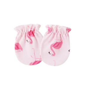 Detail of pink newborn anti-scratch mittens with adorable flamingo prints and elastic cuffs.