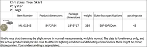 Detailed size chart and specifications for golden sequin Christmas tree skirt