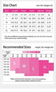 Tableau des tailles détaillé pour veste de yoga slim à manches longues