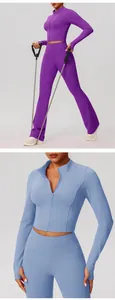 Détail d'une veste de sport cintrée pour femme avec fermeture éclair et passe-pouces