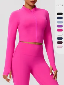 Veste de Yoga Slim à Fermeture Éclair Intégrale pour Femme Haut de Course à Manches Longues avec Passe-Pouces Col Montant