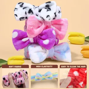 Soft elastic coral fleece headband with bow and various patterns for face washing