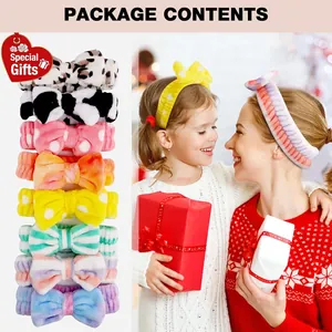 Detailed view of 8 colorful coral fleece bow spa headbands for women and girls' skincare
