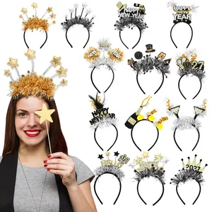 Variety set of 2027 New Year headbands with tinsel stars and festive gold-black designs