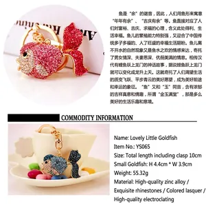 Detailed product specifications of the rhinestone goldfish keychain with size info