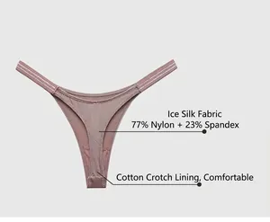 Detail view of ice silk thong showing material composition and cotton crotch lining.