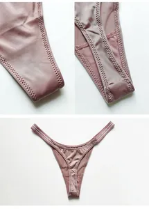 Detailed macro views of mauve ice silk thong showing high-quality stitching and fabric