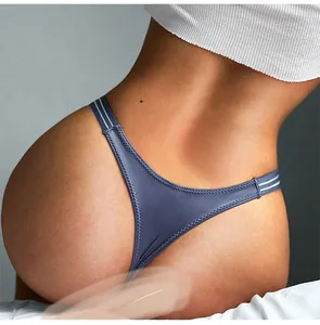 Sexy low waist ice silk thong for women in blue with sporty white stripe detail