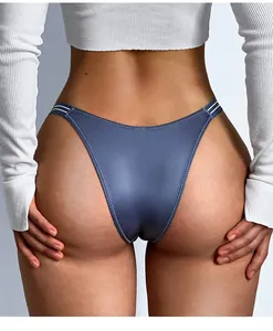 Close-up back view of blue ice silk thong with striped elastic waistband