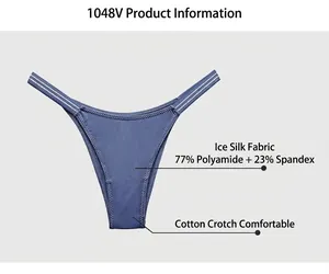Detailed macro view of blue ice silk thong featuring cotton crotch and fabric specs