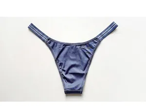 Close-up of blue ice silk thong with low waist and silver striped waistband
