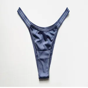 Detail view of blue ice silk thong with low waist and high-cut sporty design