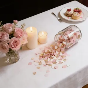 Macro view of heart-shaped confetti spilling from a glass jar on a white tablecloth