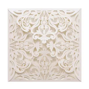 Elegant laser-cut floral wedding invitation pocket in off-white finish