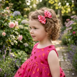 Adorable young girl wearing a pink heart-patterned bow hair clip in a lush garden setting.