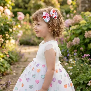 Cute little girl wearing a white heart-patterned bow hair clip in a sunny garden setting