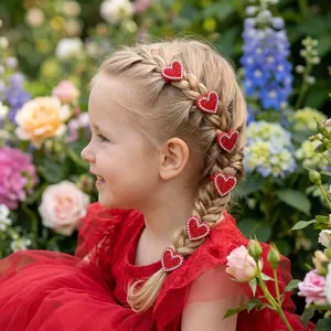 Young girl with braided hair wearing red heart-shaped rhinestone hair clips in a garden.