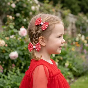 Close-up of heart patterned red bow hair clips on a young girl's braided blonde hair