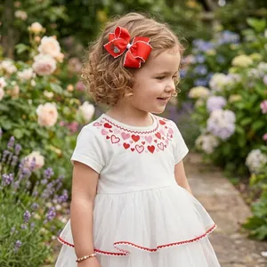 Detail showing a young girl wearing a red handmade heart-themed bow hair clip in a garden.
