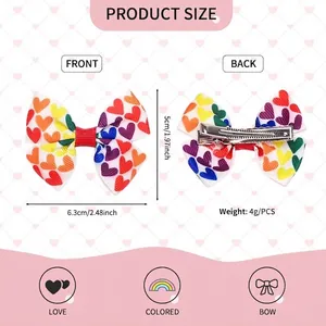 Dimensions of rainbow heart pattern ribbon bow hair clip with silver alligator clip