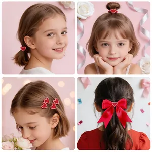 Detailed view of red heart and bow hair accessories for girls' festive hairstyles