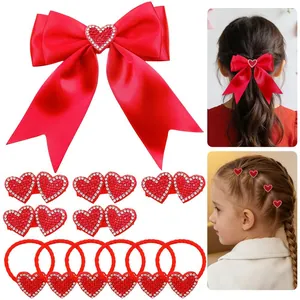 Detailed set of red heart bow clips and elastic hair ties for various kids' hairstyles