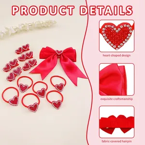 Close-up of heart-shaped rhinestone details on red polyester hair accessories