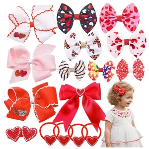 Valentine's Day Kids Girls Hair Clip Heart Pattern Bowknot Leopard Print Ribbon All Wrapped Crocodile Clip Boutique Hair Accessories