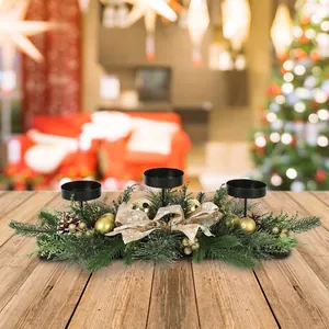 Exquisite Christmas triple candle holder centerpiece with pine branches and golden ornaments
